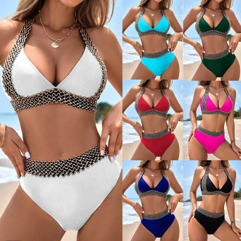 Maiô dividido cor sólida High-End estilo deusa grega biquíni reunindo Halter feminino estilo dividido