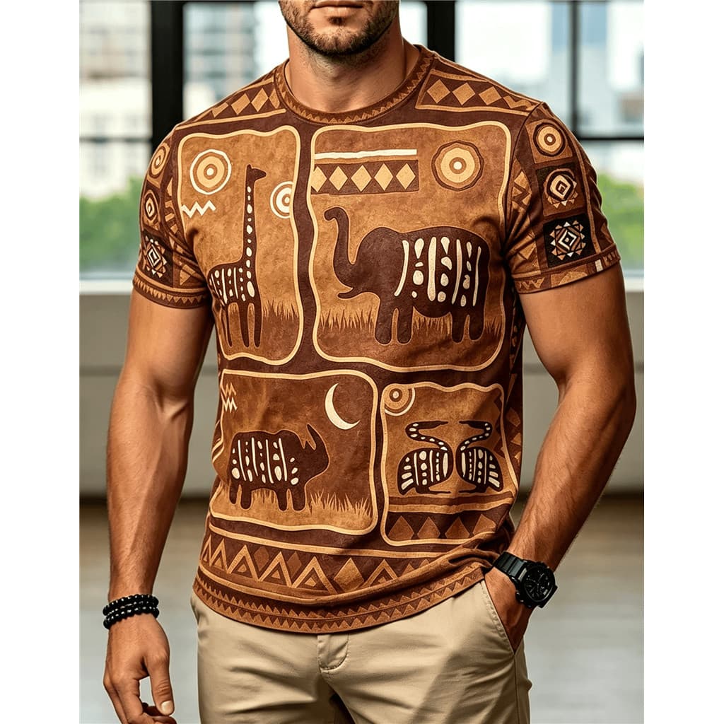 Masculino Retro Africano Caverna Pintura Animal Impressão T Camisa , Girafa Elefante Padrão Étnico Manga Curta Casual Ve