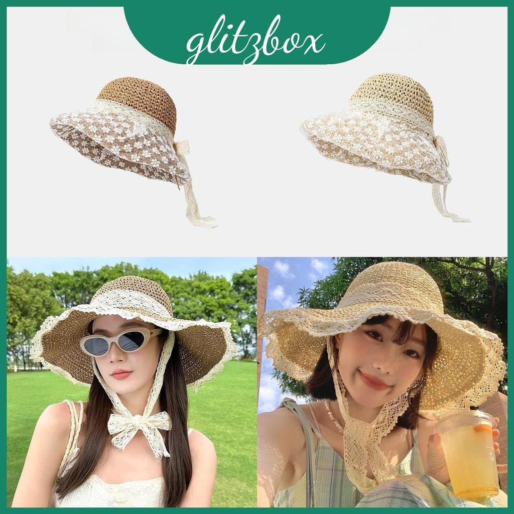 Padrão Renda Floral Decoração Feminina Verão Tecido Chapéu Com Fita Gravata Para Praia E Atividades Ao Ar Livre