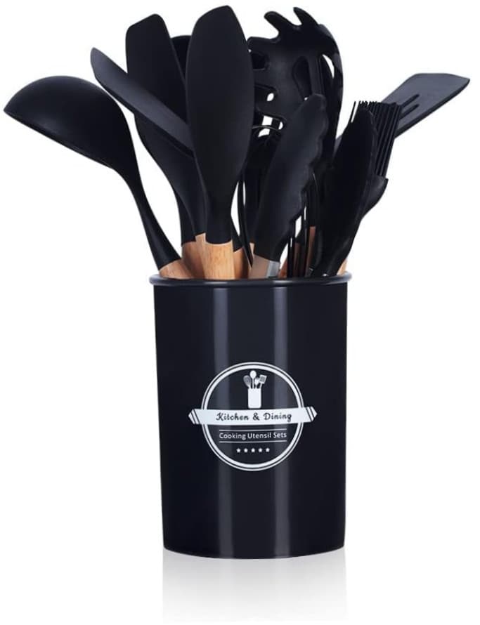 Conjunto de Utensílios de Cozinha 12 Peças - Silicone e Cabo de Madeira - Preto