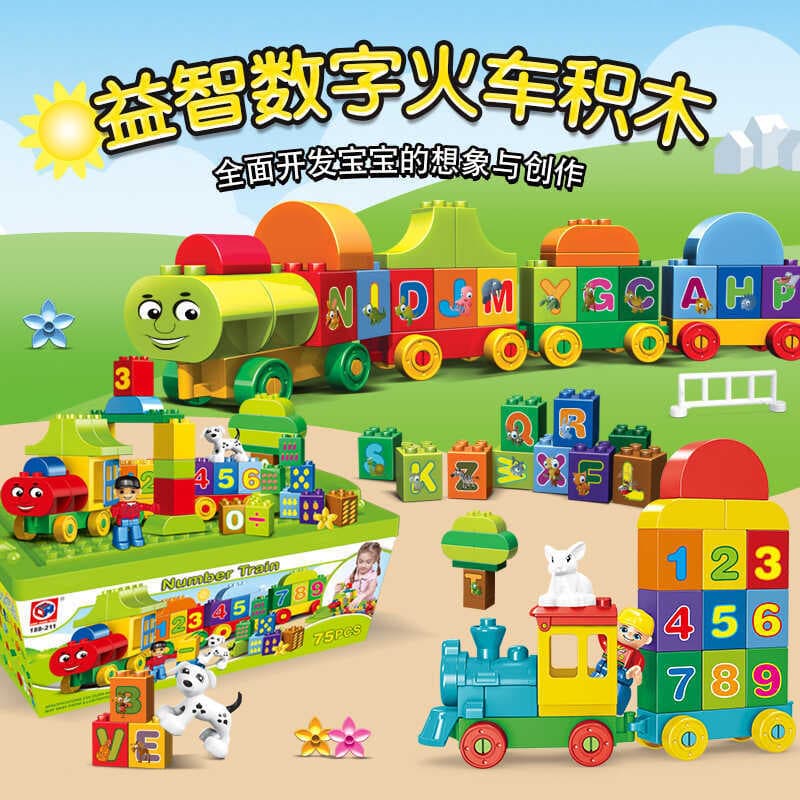 Grandes partículas montadas blocos de construção carta trem educação infantil quebra-cabeça cognição número trem montado