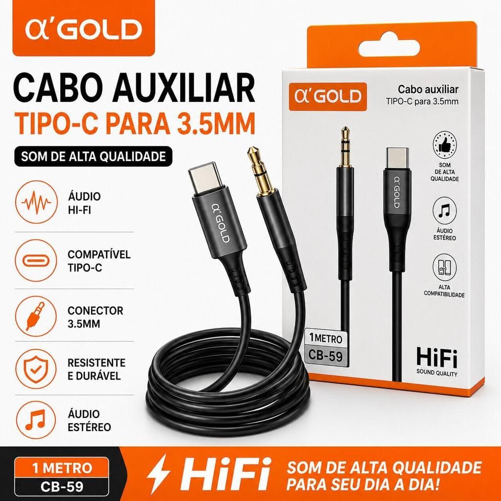 Adaptador Tipo-C Entrada P2 3,5mm A'GOLD CB58 1m para Carro Fone e Caixa de Som
