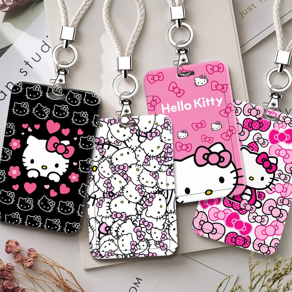 Bonito Rosa Dos Desenhos Animados Gato Olá Kitty Plástico ID Crachá Titular Com Cordão Para Cartão Escolar Escritório Tr