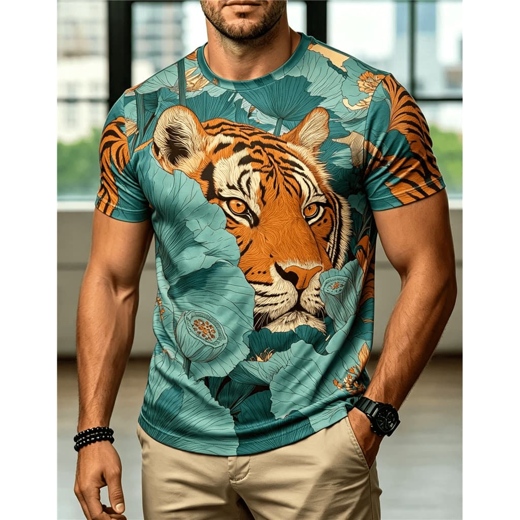 Camiseta Masculina Com Estampa Gráfica Jungle Tiger & Lotus , Vintage De Manga Curta Floral De Animais Selvagens , Top C