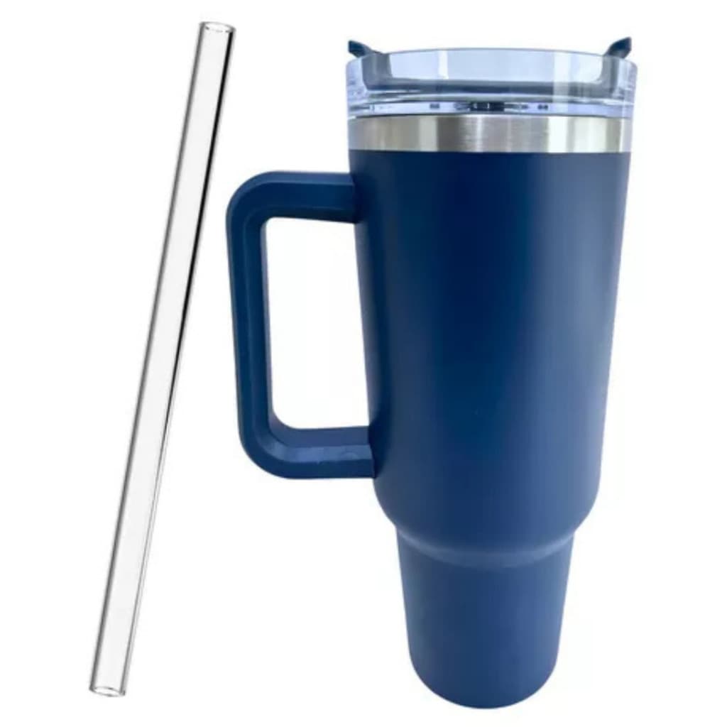 Normal - Copo Caneca (1200 ml) Térmica Inox com Alça e Canudo - Azul Marinho
