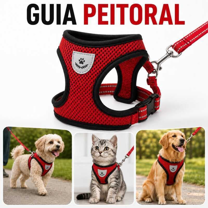 Guia Peitoral Malha de Náilon Flexível Reflexiva Respirável Fivela de Metal Ajustável para Cachorro Gato