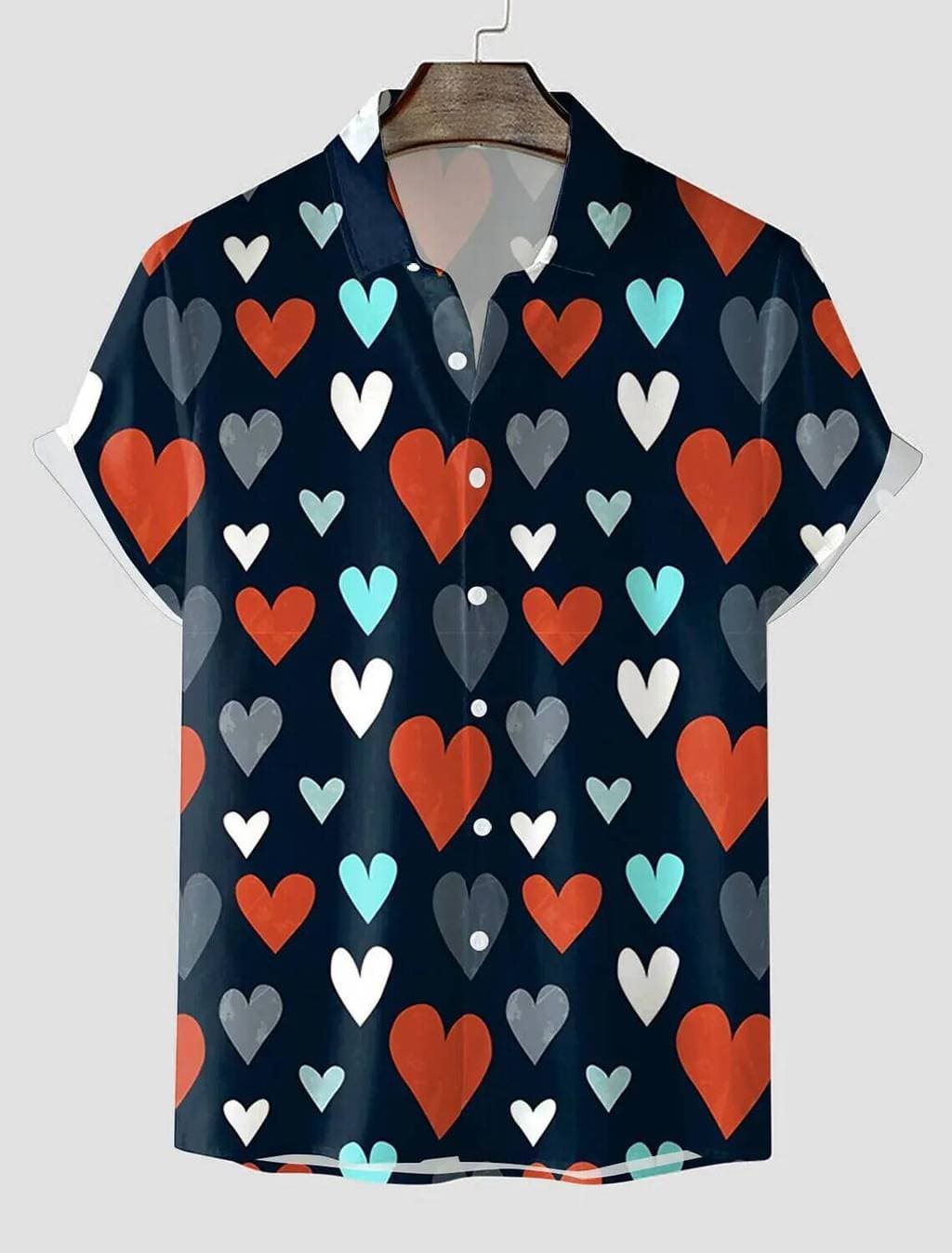 Camisa Masculina Casual Coração Com Botões , Uso Diário , Férias , Lapela , Manga Curta , Poliéster , Dia Dos Namorados