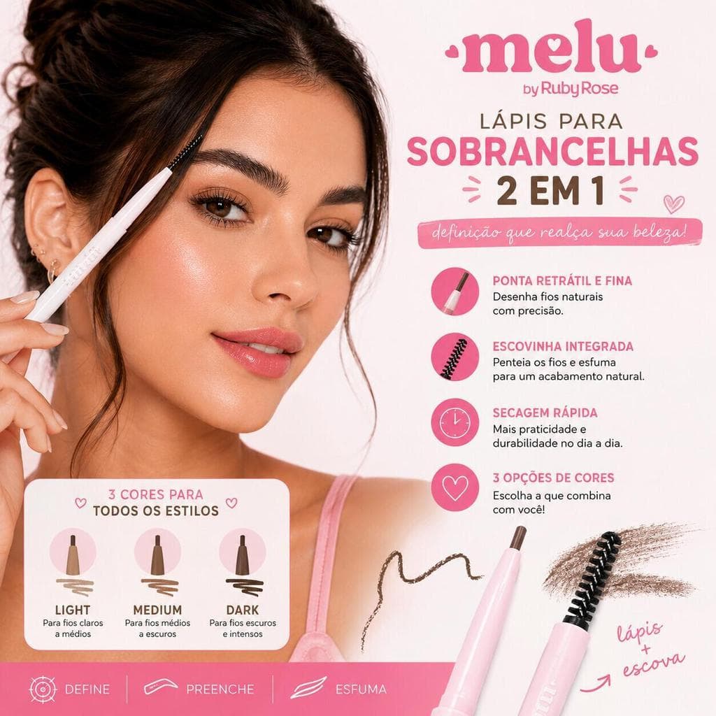 Lápis Sobrancelha Ruby Rose 2 em 1 RR-2401 - Com Escovinha para Pentear e Esfumar
