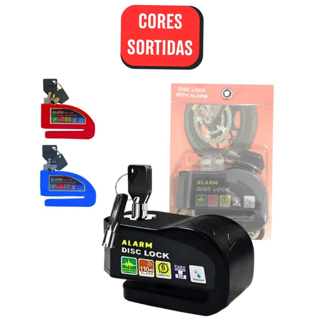 Trava Cadeado Disco De Freio Com Alarme Antifurto Para Moto - (Cores Sortidas)