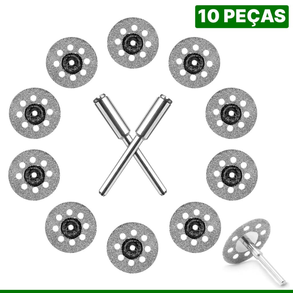 KIT DISCO DIAMANTADO 22MM MICRO RETÍFICA 10 PEÇAS TITANIUM 04742 CORTE VIDRO CERÂMICA PEDRA ARTESANATO COM HASTE