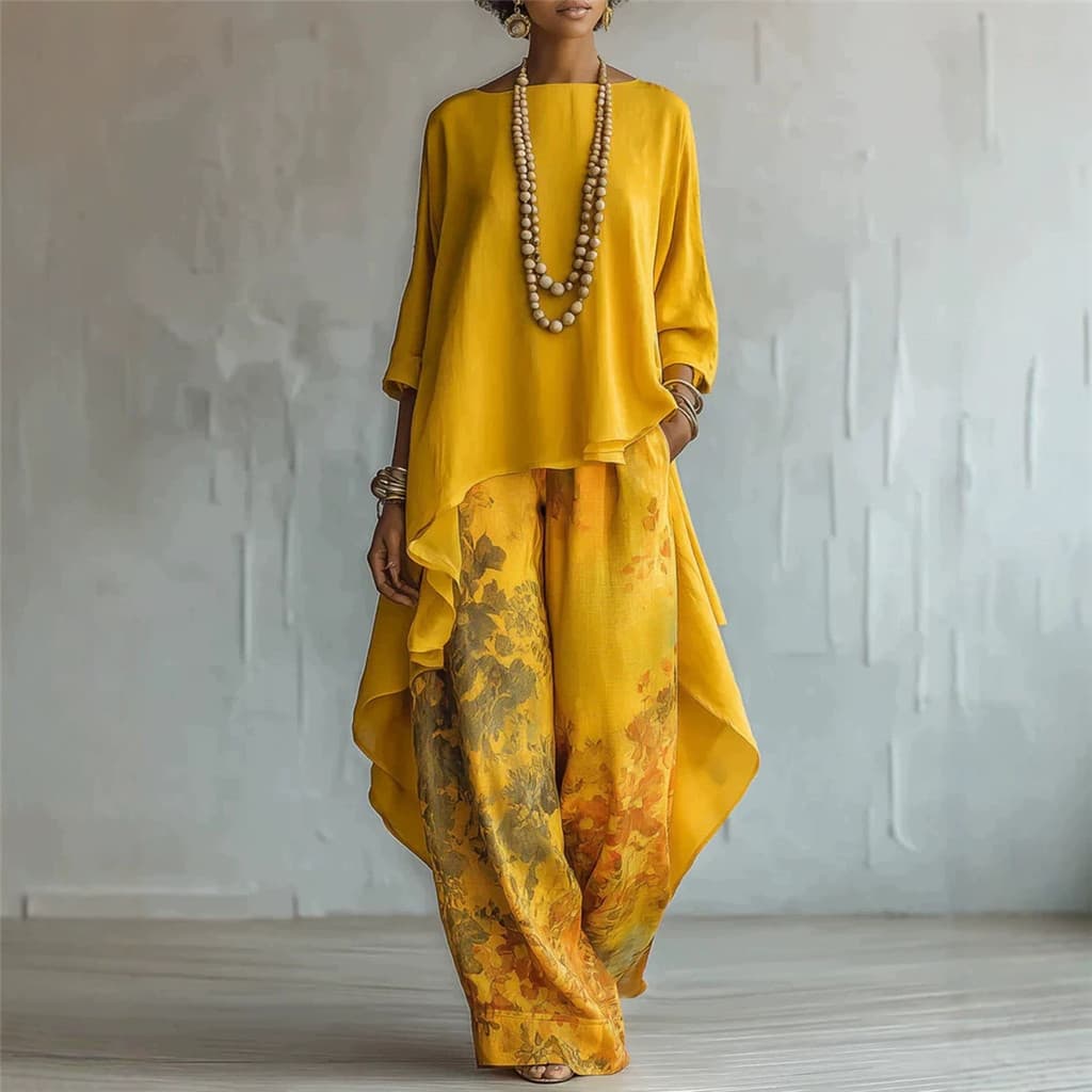 Boho Feminino Primavera Outono Novo Conjunto De Duas Peças Terno Vintage Impresso Irregular O Pescoço Versátil Casual So