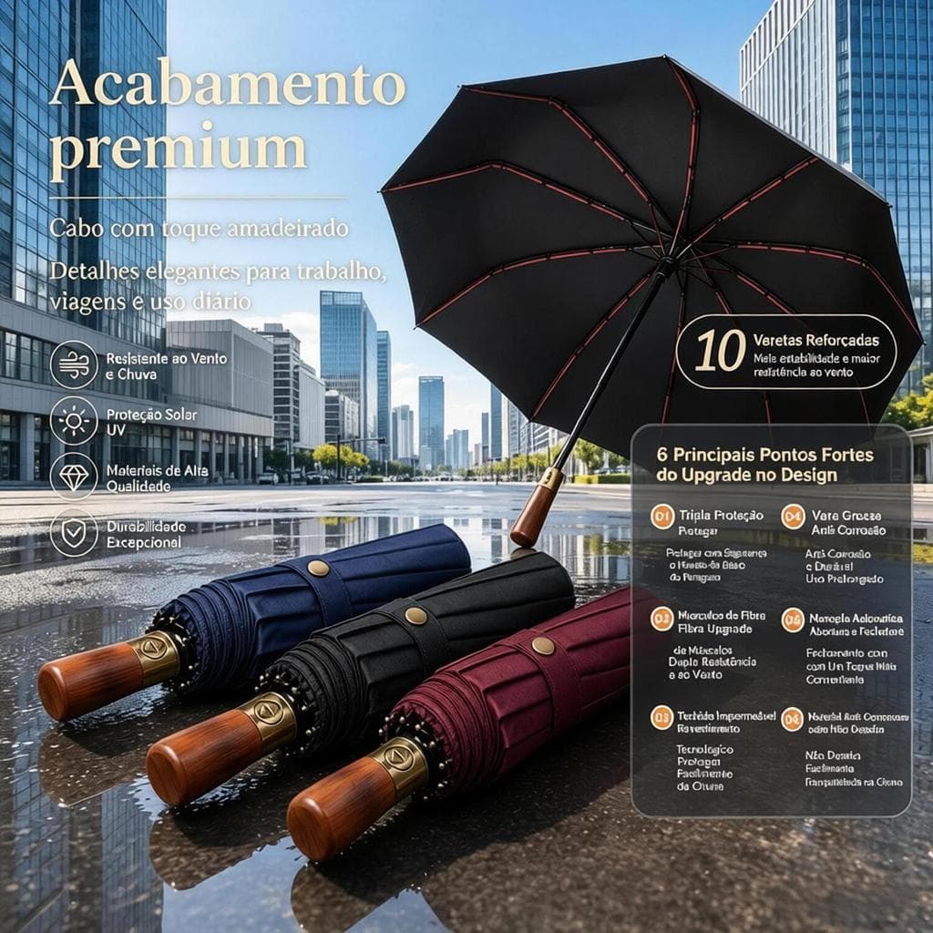 Guarda-Chuva Automático com Cabo de Madeira – 10 Varetas, Reforçado Contra Vento, Sol e Chuva LEN-1293