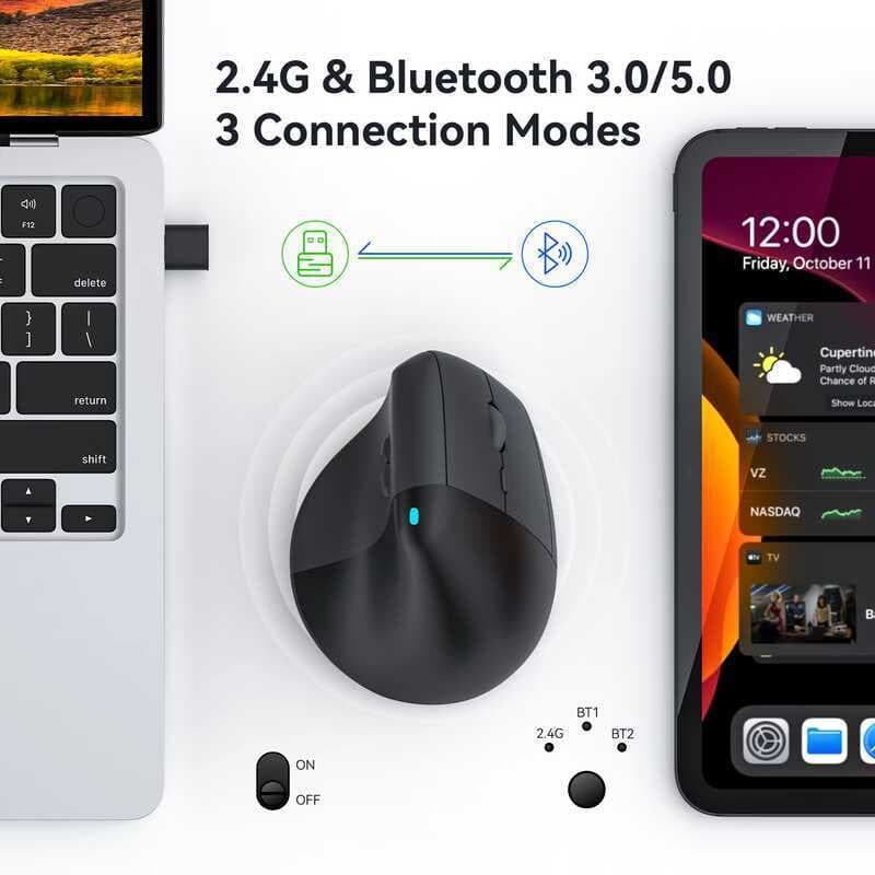 Mouse Sem Fio 2.4Ghz Bluetooth Ergonômico Bastante Silencioso Clique Computador Jogos Ratos Tipo-C Recarregável Vertical