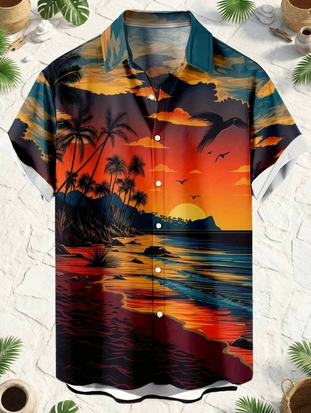 Camisa Masculina De Manga Curta Com Estampa De Palmeira E Praia Do Pôr Sol , Camisas Havaianas Casuais Botões Para Homen