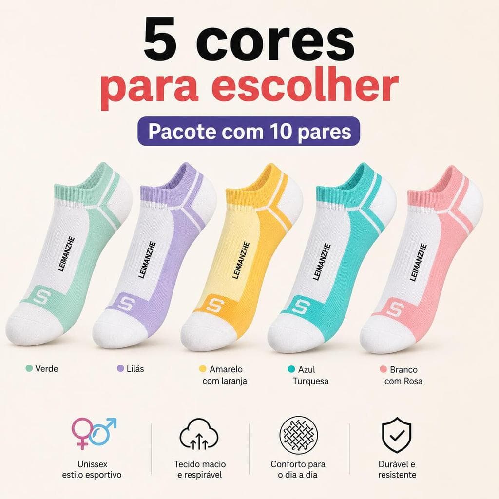 10 Pares Meias Soquete Unissex Coloridas Esportiva Casual Masculina Feminina Academia