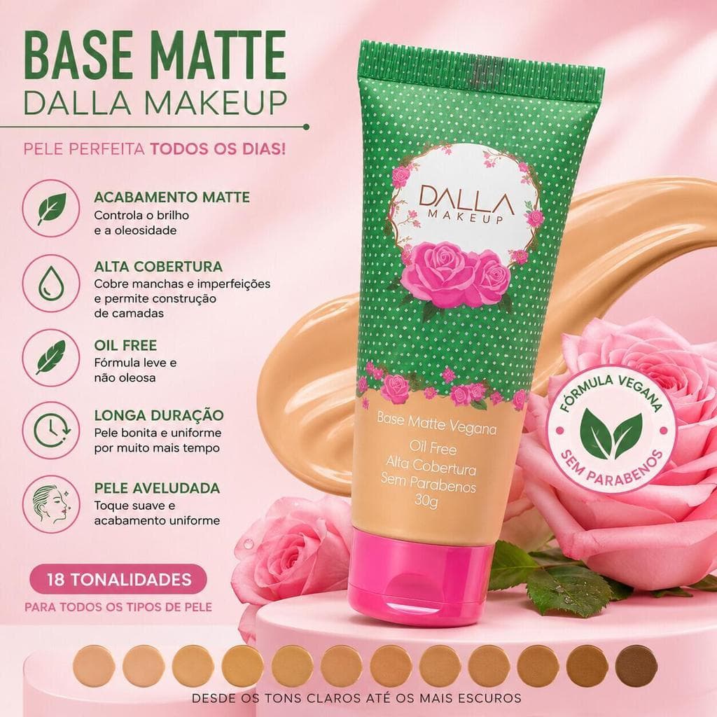 Dalla Base Líquida Matte Vegana DL904C Cobertura Eficiente Ajuste de Tom e Resistente à Água
