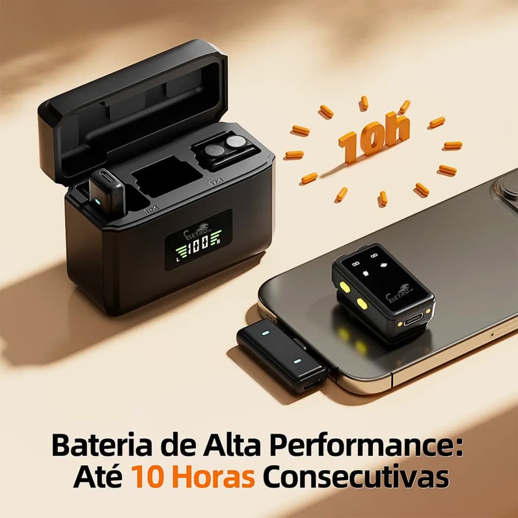 Microfone de Lapela Sem Fio Conexão Tipo-C e Lightning com Redução de Ruído Eletromex