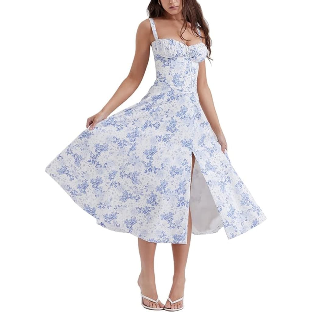 Vestido midi flor alça fina Branco e Azul tamanho M