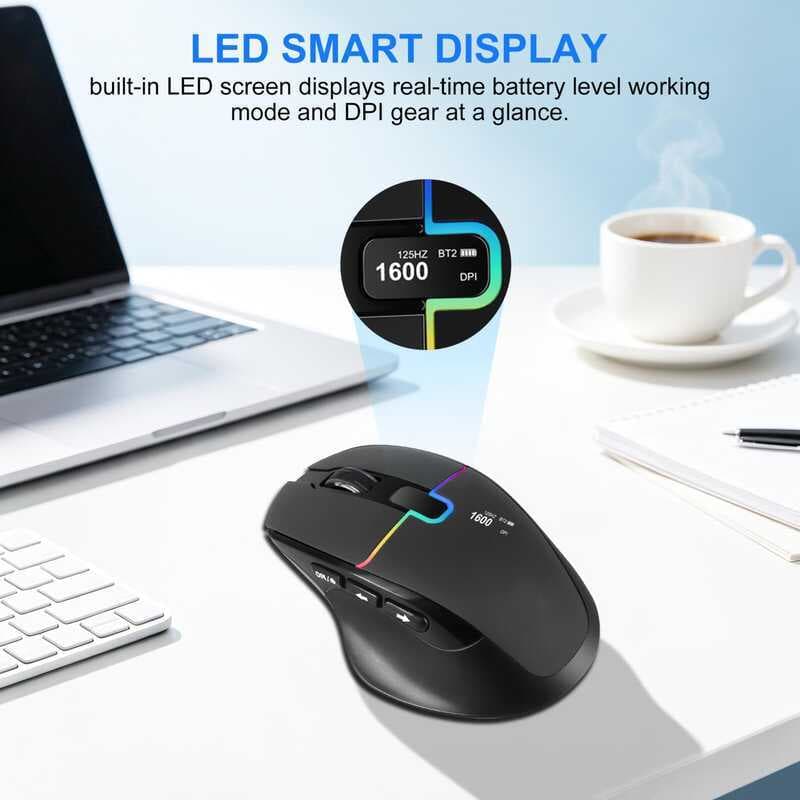 Mouse Sem Fio Bluetooth 2.4G Dual-Mode Ergonômico LED Display 5 Níveis Ajustável DPI RGB Retroiluminado Type-C Ratos De