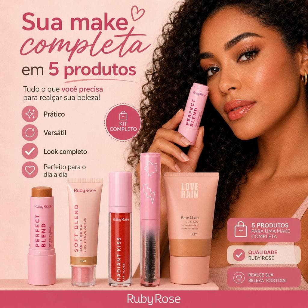 Kit Maquiagem Completo Ruby Rose Base F60 Corretivo Stick Gloss Máscara Cílios Make Feminina
