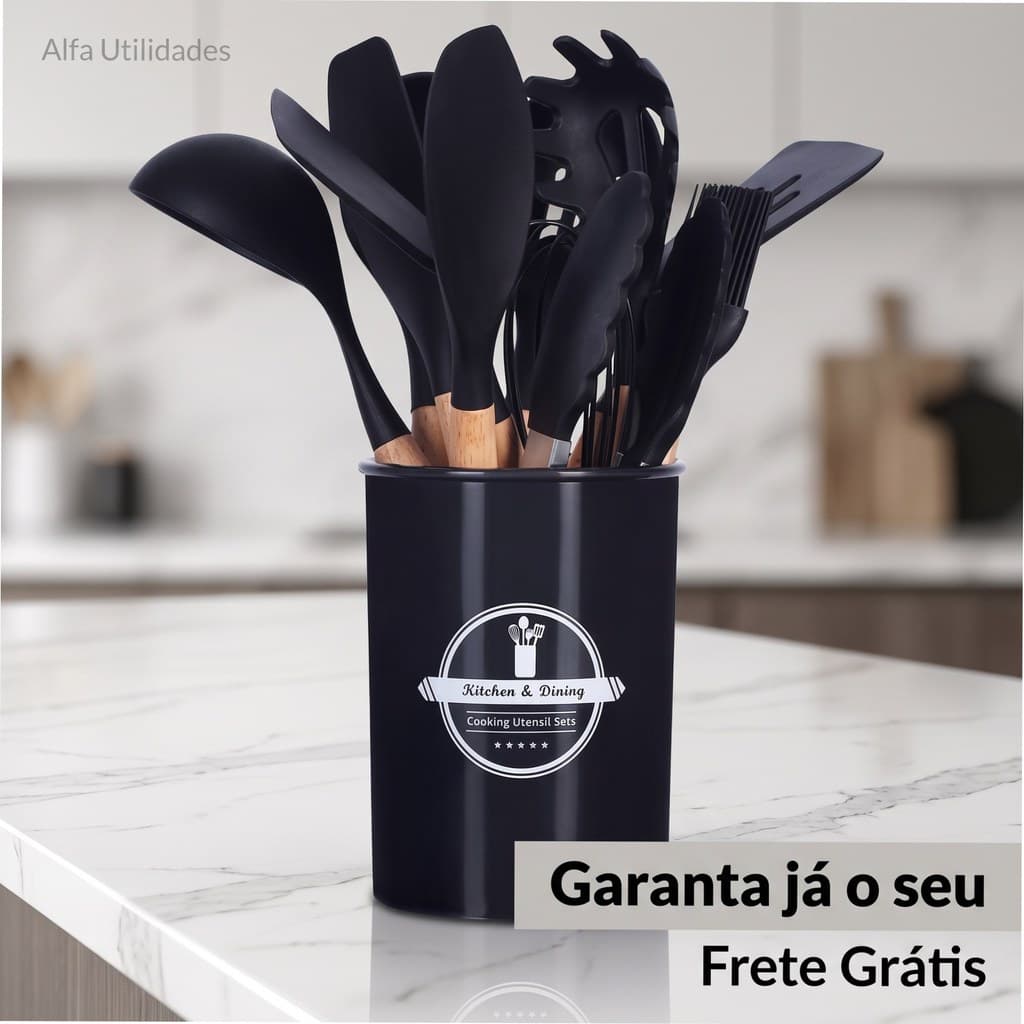 Kit Utensílios Cozinha 12 Peças Silicone Cabo Madeira