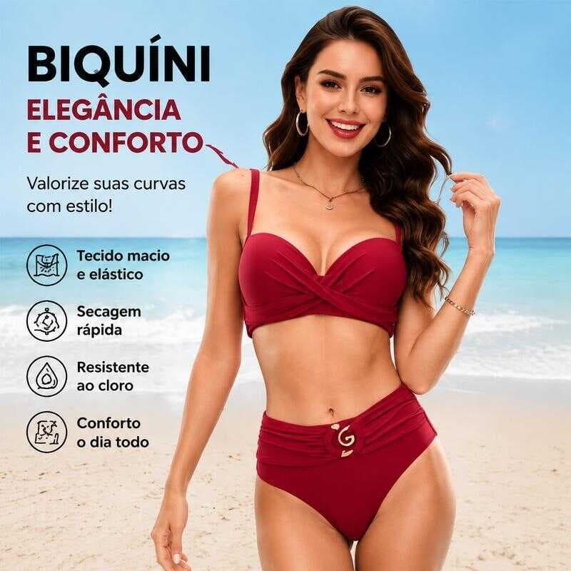 Biquíni Cintura Alta Torcido com Fivela Metal Moda Praia Feminino 4 Cores P/M/G/GG