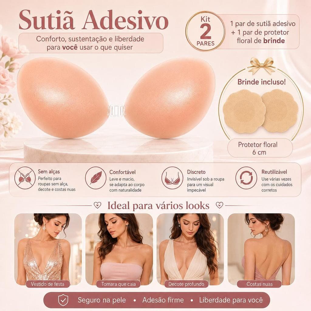 Kit 2 Pares Sutiã Adesivo de Silicone Invisível Sem Alças Costas Nuas + Protetor de Mamilo Floral sutiã adesivo silicone