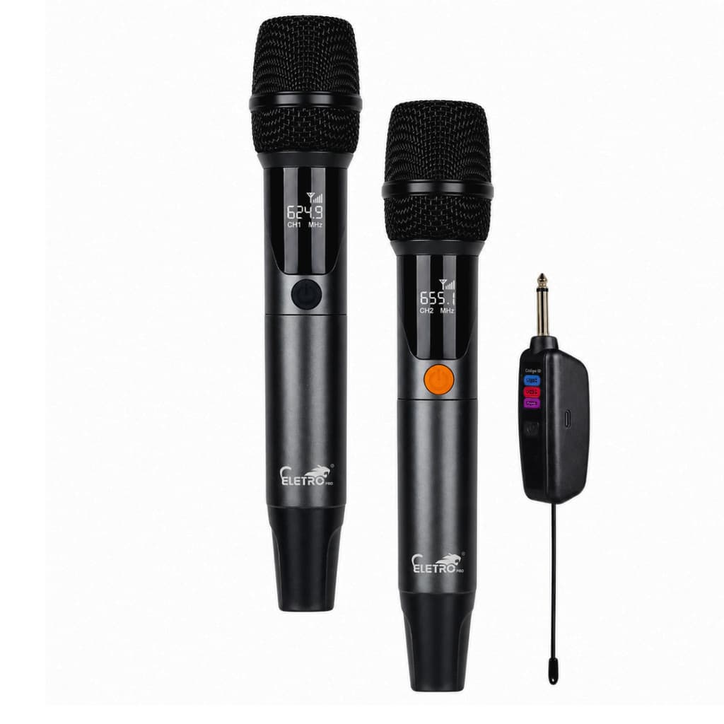Kit 02 Microfones Sem Fio P10 Wireless Karaokê Profissional Eletromex EL-5022