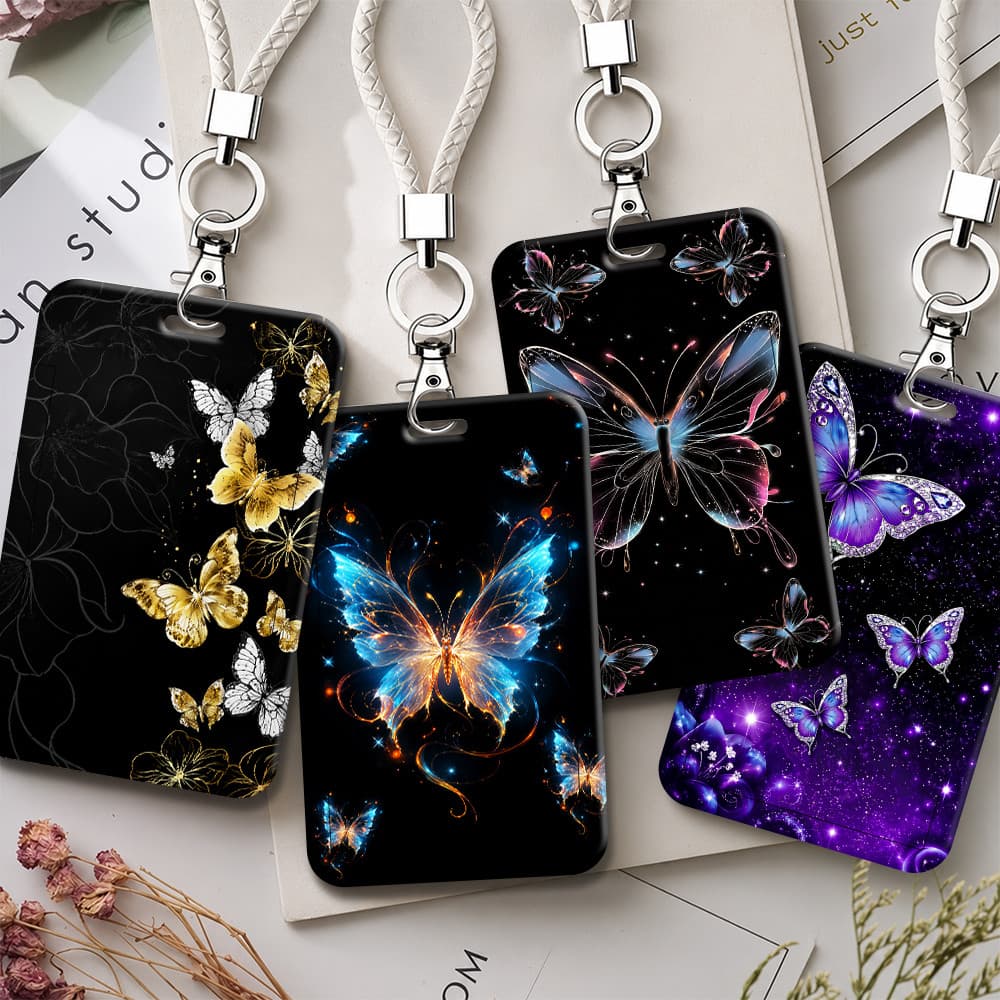 Brilhante Fundo Escuro Borboleta Impressão Titular Do Cartão Moda Pescoço Cordão ID Crachá Caso Trabalho Diário Acessóri
