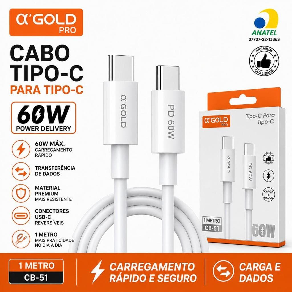 Cabo Carregador Tipo-C A'GOLD CB-51 60W para Celulares Android com Carga e Dados