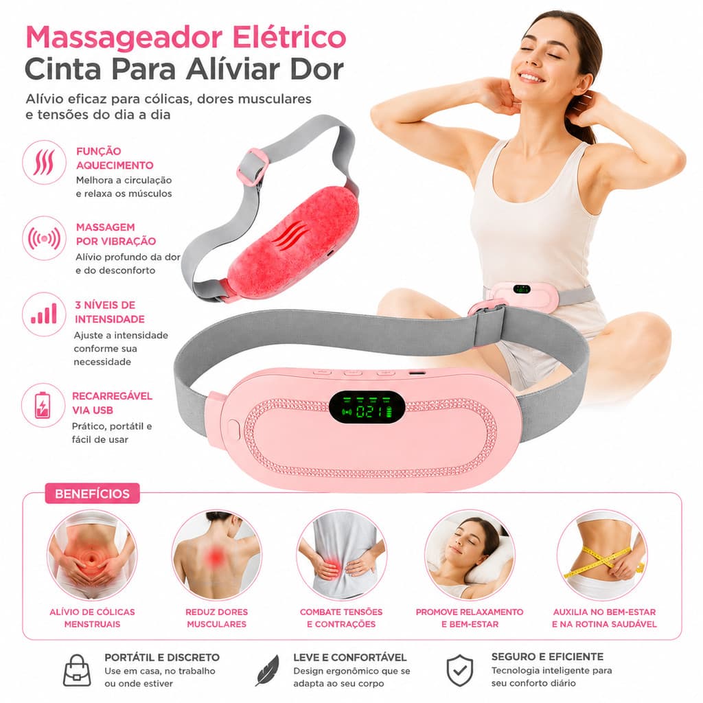 Massageador Elétrico para Alívio de Cólicas USB com Aquecimento e Vibração