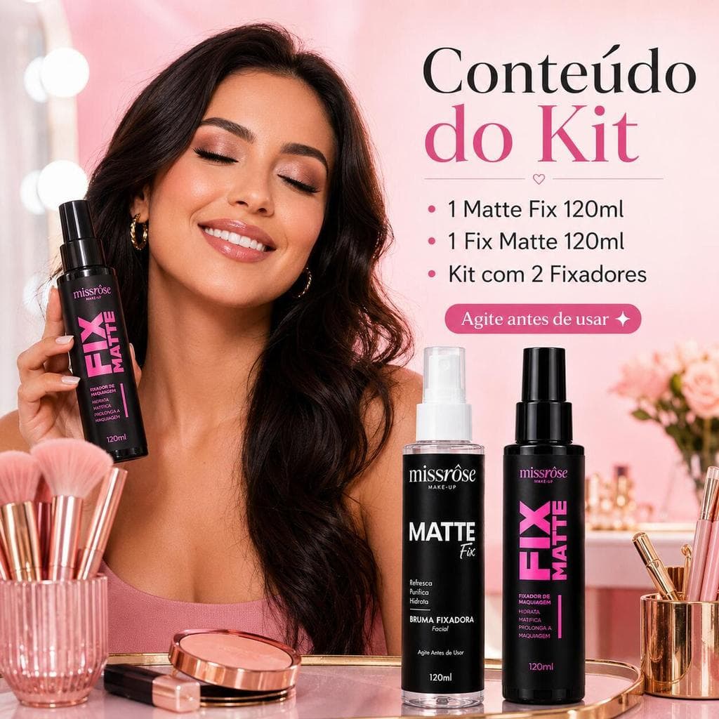 Kit 2 Fixadores de Maquiagem Miss Rôse Matte Fix + Fix Matte 120ml Cada Bruma Facial Hidratante e Matificante