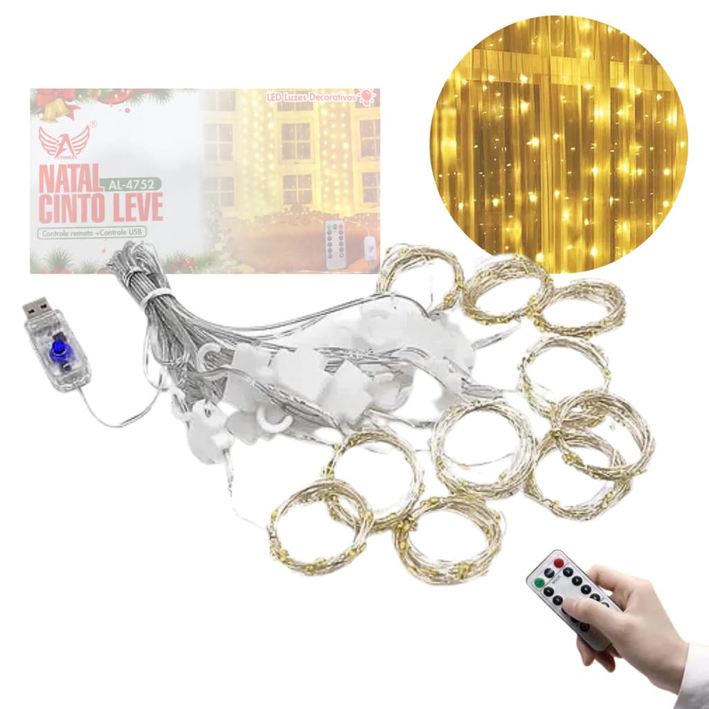 Pisca Cortina Cascata Luz LED 3x3m 300 LEDs Amarelo Conexão USB c/ Controle Remoto Altomex AL-4752