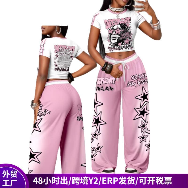 Umbigo de manga curta calças de perna larga conjunto de duas peças venda quente impresso magro quente menina topo terno