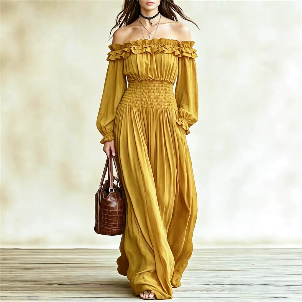 Fora Do Ombro Maxi Vestidos Femininos Plissado Pescoço Manga Longa Cintura Alta Flowy Vestido Longo Boho Praia Festa De