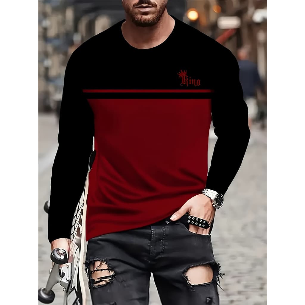 Camiseta Masculina Preta Vermelha Cor Bloco Manga Longa , Coroa Rei Bordado Gola Redonda , Estiramento Macio Casual Stre