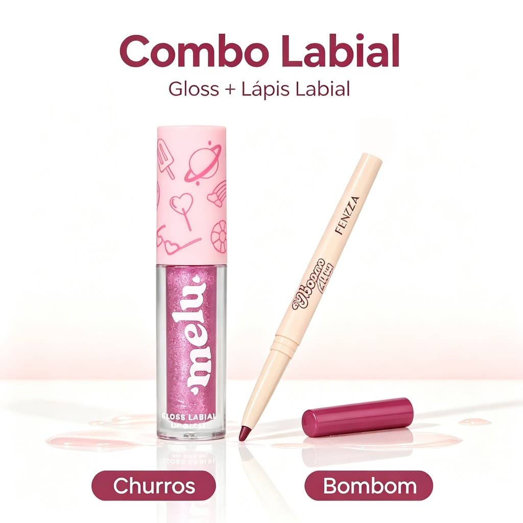 Kit Lábios Banoffee 2 Itens Gloss Labial Melu Ruby Rose + Lápis Labial Fenzza Contorno e Brilho Labial