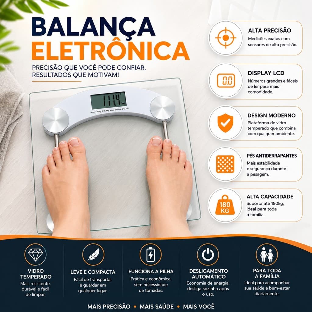 Balança Digital Eletrônica de Vidro Temperado