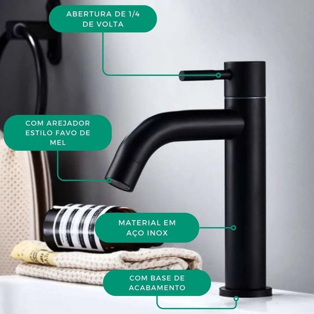 TORNEIRA CASCATA PRETA BANHEIRO COZINHA MESA BOCA CURVA MONO COMANDO LUXO METAL PRETO FOSCO GOURMET PREMIUM SNEL METAIS