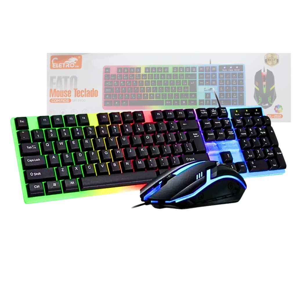 Kit Gamer Teclado Semi-Mecânico RGB + Mouse 2400 DPI Eletromex EL-2112