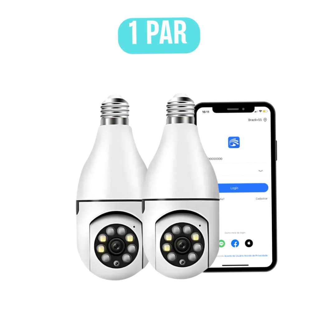 Kit 2 Câmeras Lâmpada WiFi 360° Full HD Visão Noturna