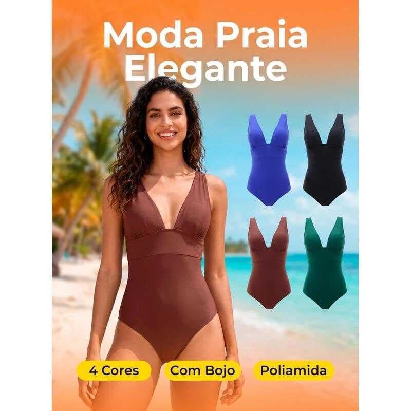 Maiô Feminino Poliamida Decote V Profundo Alças Ajustáveis Sem Bojo Liso Praia Piscina
