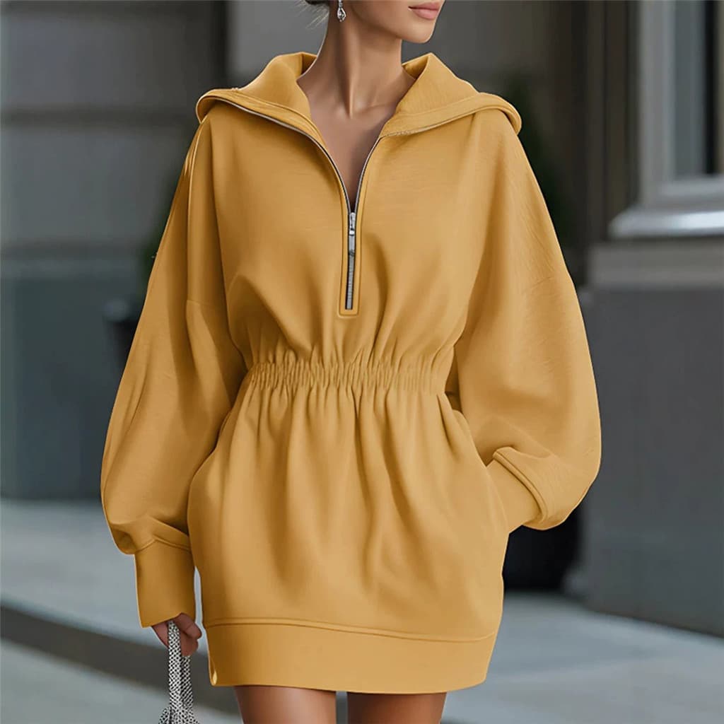 Outono Inverno Moda Sólida Vestido Com Capuz Feminino Zíper Meio Aberto Design Cintura Alta Mini Vestidos Senhoras Stree