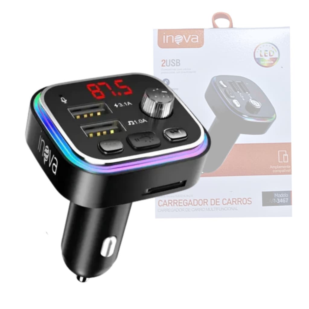 Carregador Transmissor Veicular MP3 Player Bluetooth 02 Portas USB