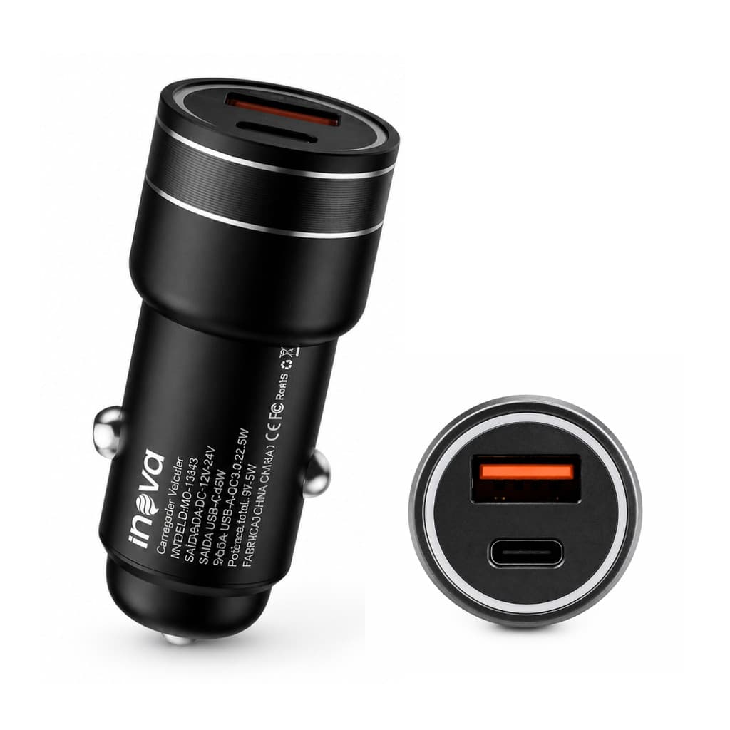 Fonte Carregador Automotivo Turbo 67.5W porta USB-A e Tipo-C INOVA MD-13433