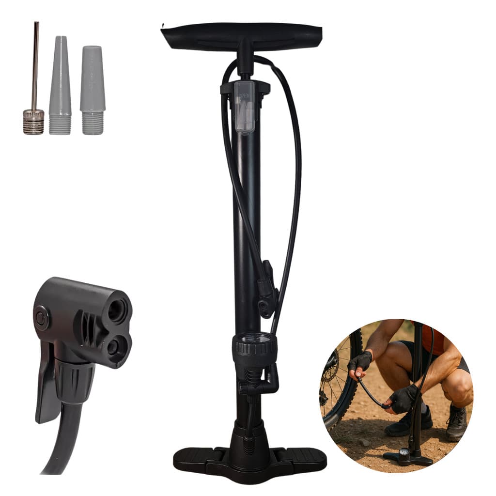 Bomba de Ar Manual Para Encher Pneus com Manômetro 2 Bicos Carro Moto Bóias Bike Preto Snel Home