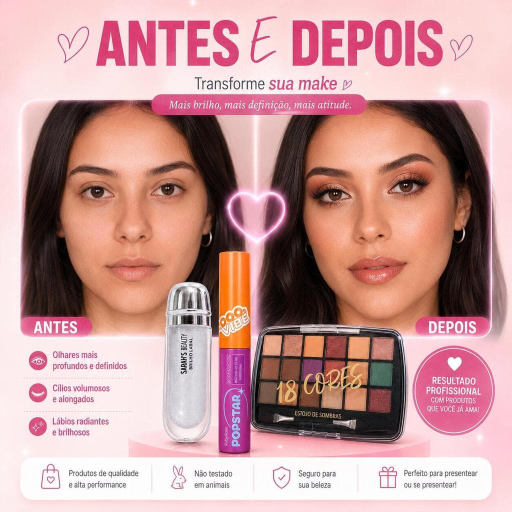 Kit Maquiagem Feminina Paleta 18 Cores + Máscara de Cílios Ruby Rose Popstar + Gloss Sarah's Beauty