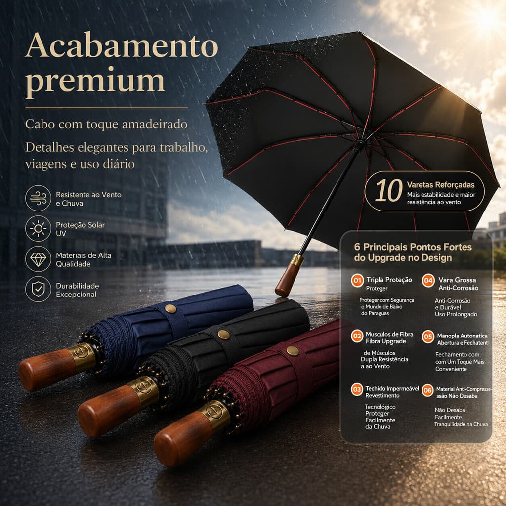 Guarda-Chuva Dobrável Automático 10 Varetas – Cabo Madeira, Reforçado, Uso em Sol e Chuva LEN-1293