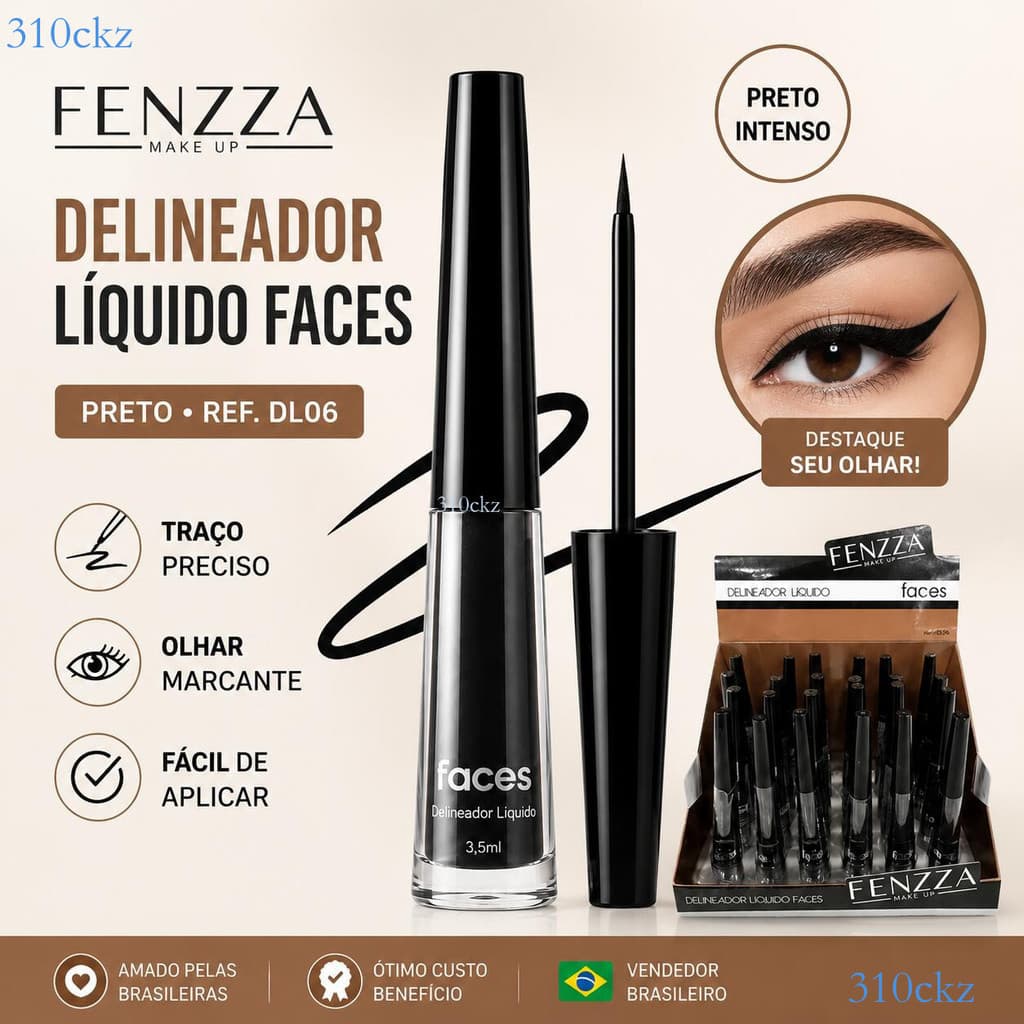 Delineador Líquido Fenzza Faces Preto 2ml DL06 Ponta Fina Secagem Rápida  ✨310ckz