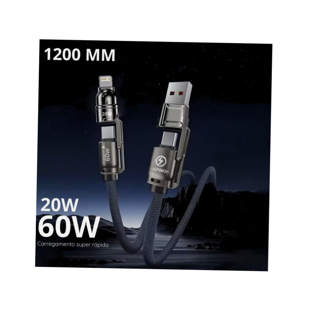 Cabo 4 em 1 USB Tipo C Lightning 60W Kapbom KA-3592 Carregamento Rápido 1,2m